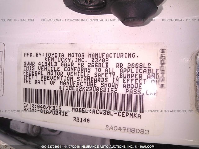 4T1BE32K22U062162 - 2002 TOYOTA CAMRY LE/XLE/SE WHITE photo 9