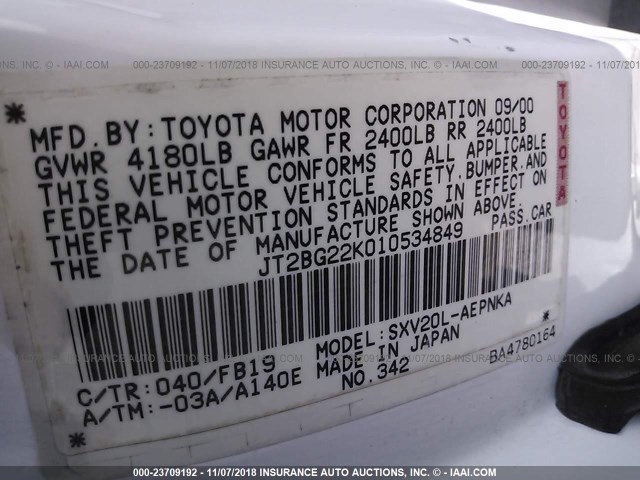 JT2BG22K010534849 - 2001 TOYOTA CAMRY CE/LE/XLE WHITE photo 9