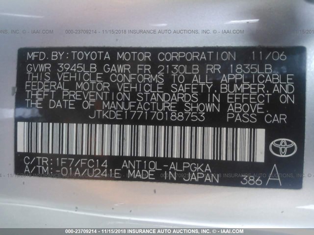 JTKDE177170188753 - 2007 TOYOTA SCION TC Gümüş foto 9