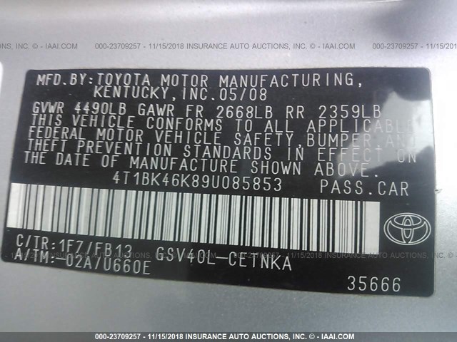 4T1BK46K89U085853 - 2009 TOYOTA CAMRY SE/LE/XLE 银色 照片 9