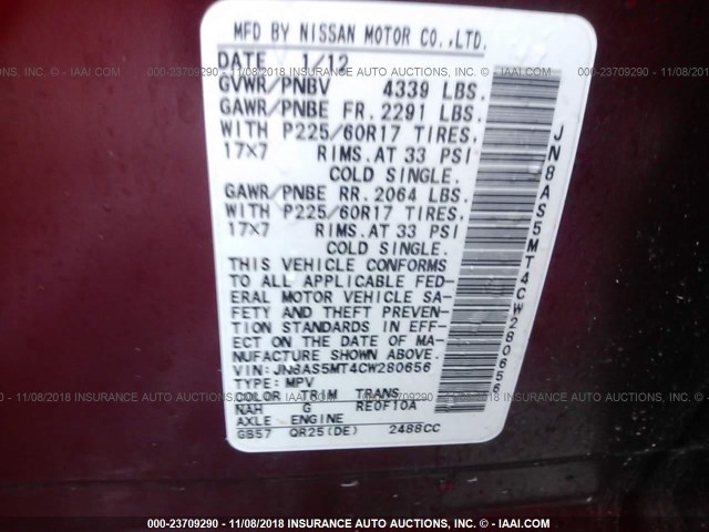 JN8AS5MT4CW280656 - 2012 NISSAN ROGUE S/SV MAROON photo 9