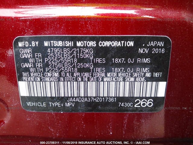 JA4AD2A37HZ017361 - 2017 MITSUBISHI OUTLANDER ES 红色 照片 9