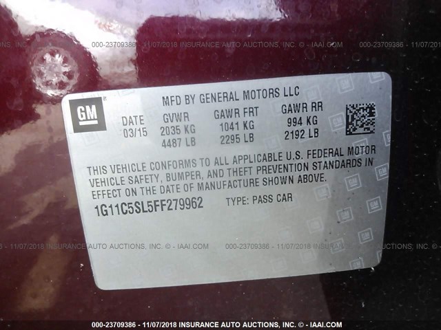 1G11C5SL5FF279962 - 2015 CHEVROLET MALIBU 1LT 勃艮第红 照片 9
