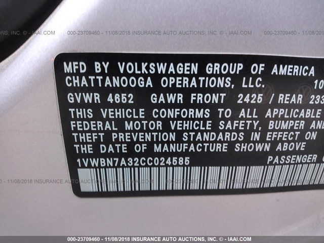 1VWBN7A32CC024585 - 2012 VOLKSWAGEN PASSAT SE SILVER photo 9