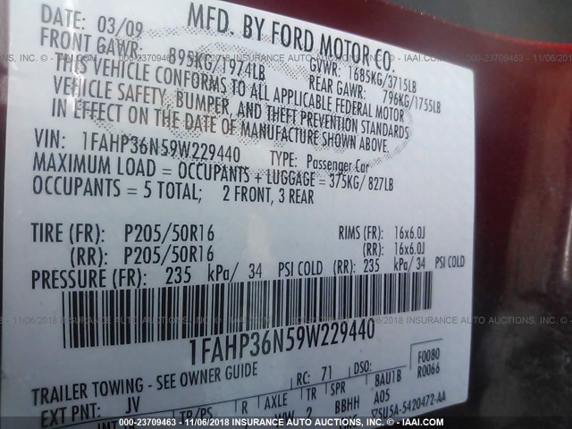 1FAHP36N59W229440 - 2009 FORD FOCUS SES RED photo 9