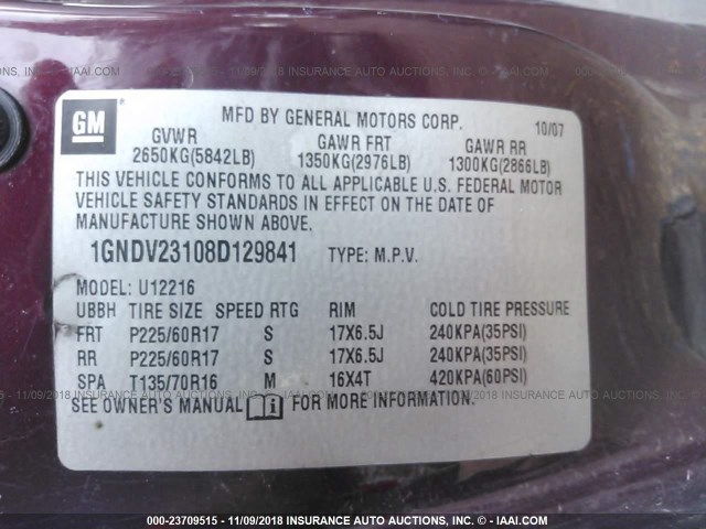 1GNDV23108D129841 - 2008 CHEVROLET UPLANDER LS MAROON photo 9