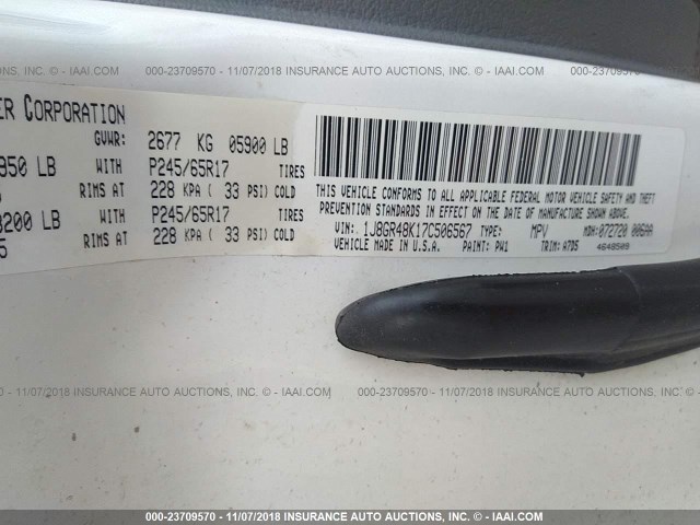 1J8GR48K17C506567 - 2007 JEEP GRAND CHEROKEE LAREDO/COLUMBIA/FREEDOM 白色 照片 9