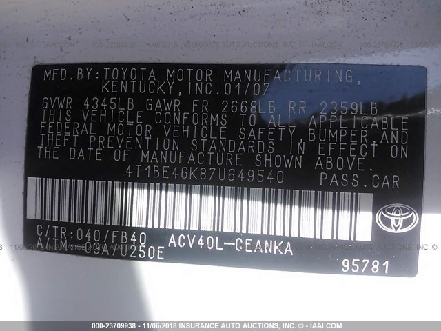 4T1BE46K87U649540 - 2007 TOYOTA CAMRY NEW GENERAT CE/LE/XLE/SE WHITE photo 9
