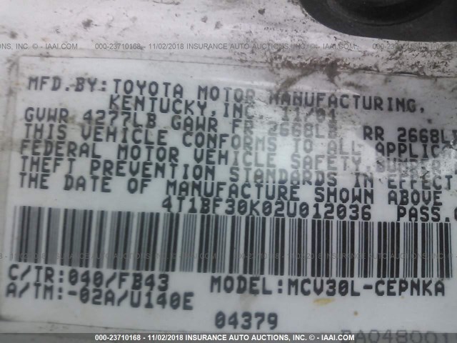 4T1BF30K02U012036 - 2002 TOYOTA CAMRY LE/XLE/SE BROWN photo 9