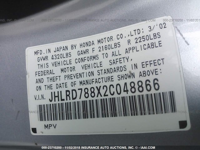 JHLRD788X2C048866 - 2002 HONDA CR-V EX SILVER photo 9