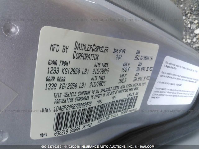 1D4GP24R87B242079 - 2007 DODGE GRAND CARAVAN SE SILVER photo 9