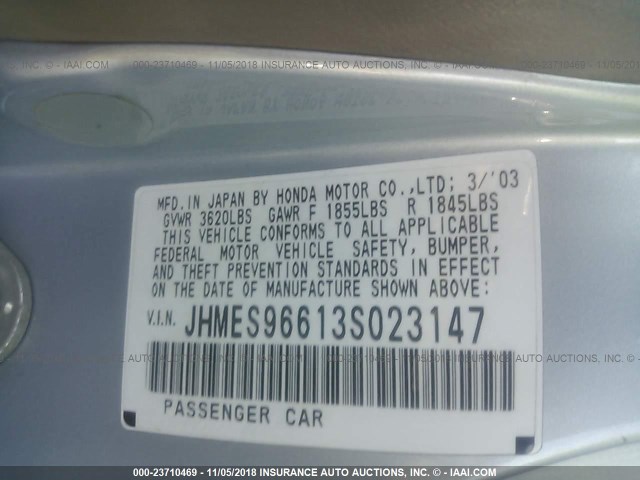 JHMES96613S023147 - 2003 HONDA CIVIC HYBRID Light Blue photo 9