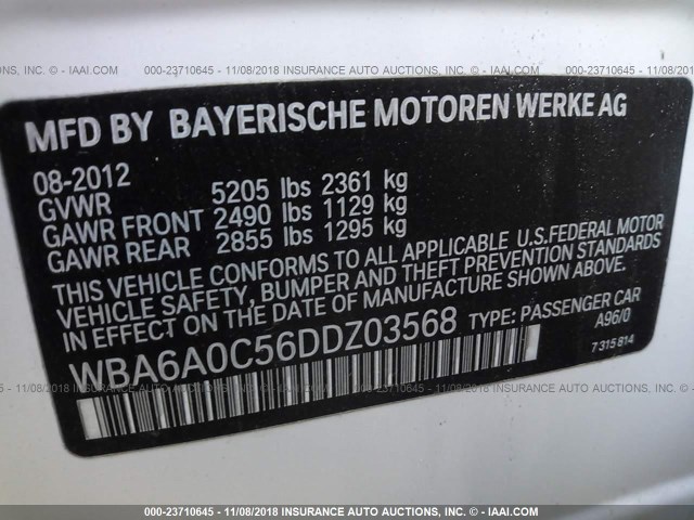 WBA6A0C56DDZ03568 - 2013 BMW 640 I WHITE photo 9