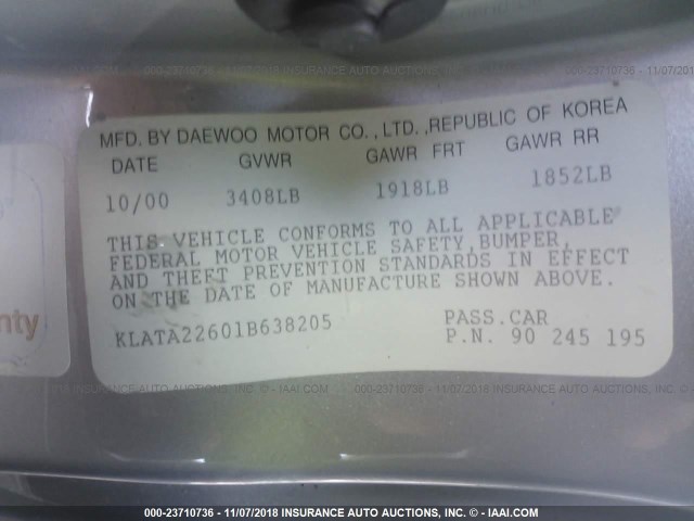 KLATA22601B638205 - 2001 DAEWOO LANOS S SILVER photo 9