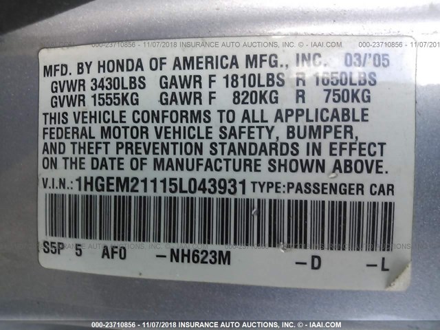 1HGEM21115L043931 - 2005 HONDA CIVIC DX VP Gümüş foto 9