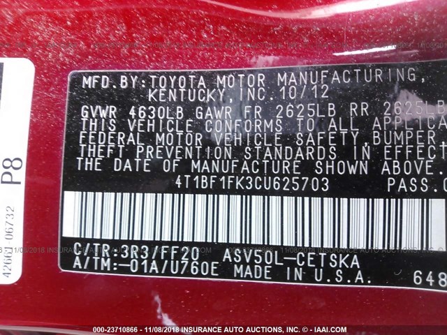 4T1BF1FK3CU625703 - 2012 TOYOTA CAMRY SE/LE/XLE 红色 照片 9