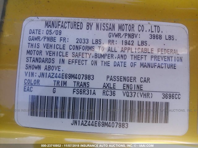 JN1AZ44E69M407983 - 2009 NISSAN 370Z YELLOW photo 9