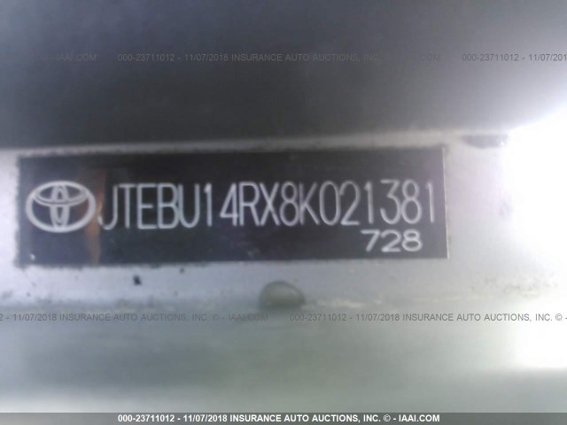 JTEBU14RX8K021381 - 2008 TOYOTA 4RUNNER SR5/SPORT SILVER photo 9