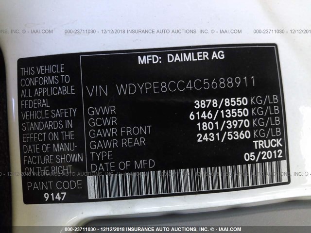 WDYPE8CC4C5688911 - 2012 FREIGHTLINER Sprinter 2500 WHITE photo 9