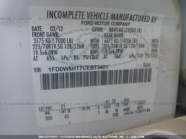 1FD0W5HT7CEB73401 - 2012 FORD F550 SUPER DUTY WHITE photo 9