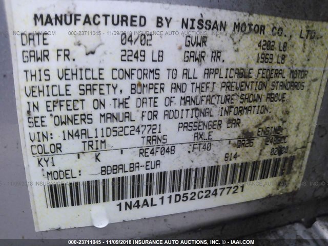 1N4AL11D52C247721 - 2002 NISSAN ALTIMA S/SL SILVER photo 9