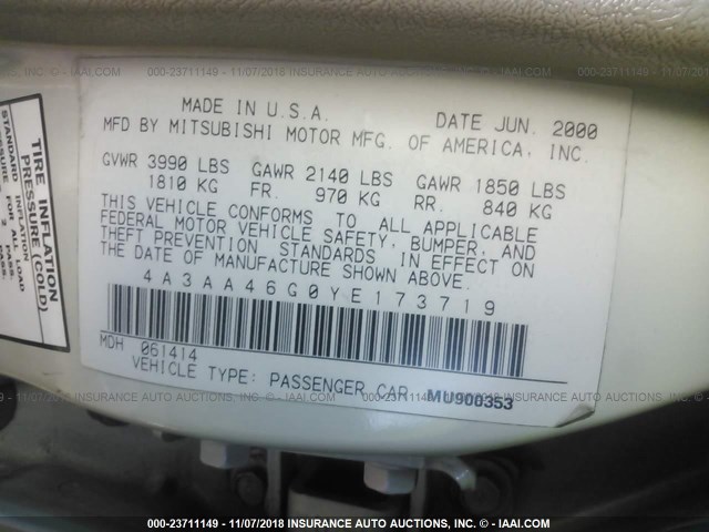 4A3AA46G0YE173719 - 2000 MITSUBISHI GALANT ES WHITE photo 9