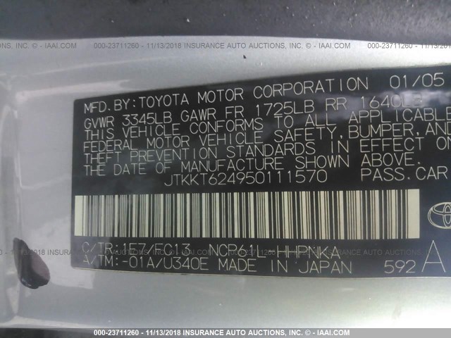 JTKKT624950111570 - 2005 TOYOTA SCION XA ვერცხლისფერი ფოტო 9