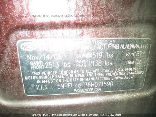 5NPEU46F36H071590 - 2006 HYUNDAI SONATA GLS/LX BURGUNDY photo 9