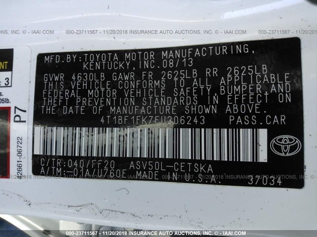 4T1BF1FK7EU306243 - 2014 TOYOTA CAMRY L/SE/LE/XLE 白色 照片 9