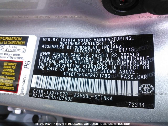 4T4BF1FK4FR471786 - 2015 TOYOTA CAMRY LE/XLE/SE/XSE SILVER photo 9