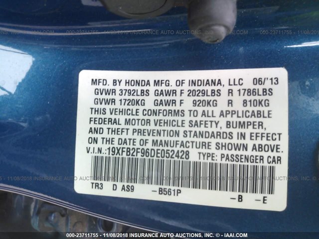 19XFB2F96DE052428 - 2013 HONDA CIVIC EXL BLUE photo 9