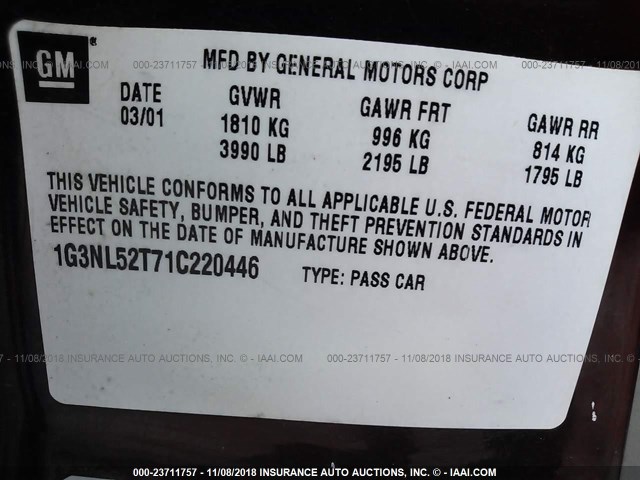 1G3NL52T71C220446 - 2001 OLDSMOBILE ALERO GL MAROON photo 9