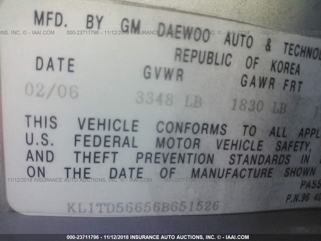 KL1TD56656B651526 - 2006 CHEVROLET AVEO LS SILVER photo 9