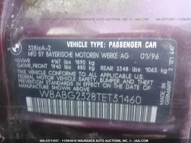 WBABG2328TET31460 - 1996 BMW 328 IS AUTOMATIC BURGUNDY photo 9