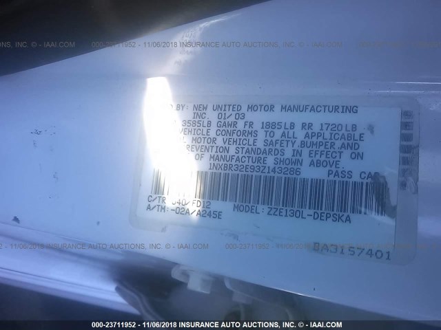 1NXBR32E93Z143286 - 2003 TOYOTA COROLLA CE/LE/S WHITE photo 9