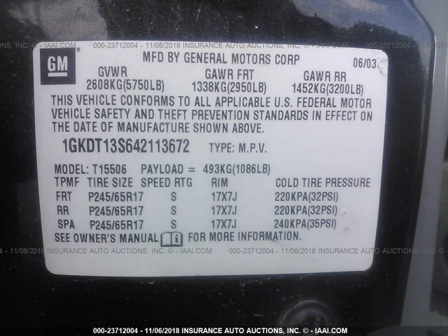 1GKDT13S642113672 - 2004 GMC ENVOY BLACK photo 9