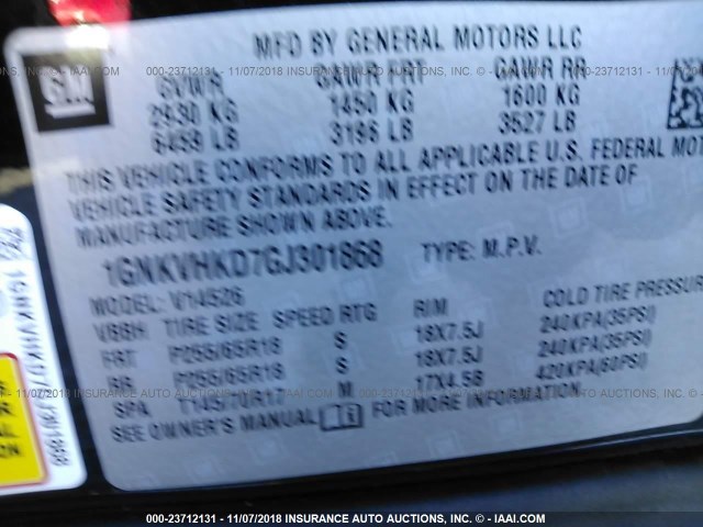 1GNKVHKD7GJ301868 - 2016 CHEVROLET TRAVERSE LT GRAY photo 9