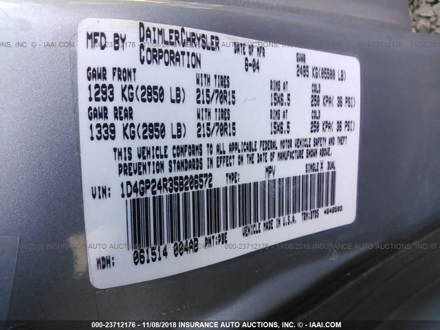 1D4GP24R35B206572 - 2005 DODGE GRAND CARAVAN SE BLUE photo 9