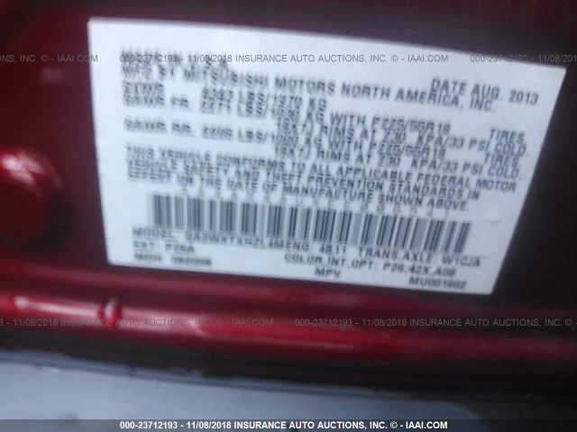 4A4AR4AUXEE006541 - 2014 MITSUBISHI OUTLANDER SPORT SE RED photo 9