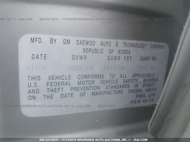 KL1TD52635B391664 - 2005 CHEVROLET AVEO LS GRAY photo 9