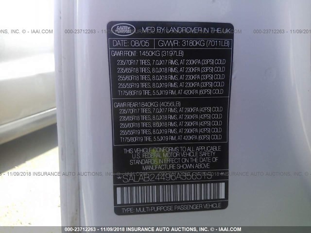 SALAB24496A356515 - 2006 LAND ROVER LR3 WHITE photo 9