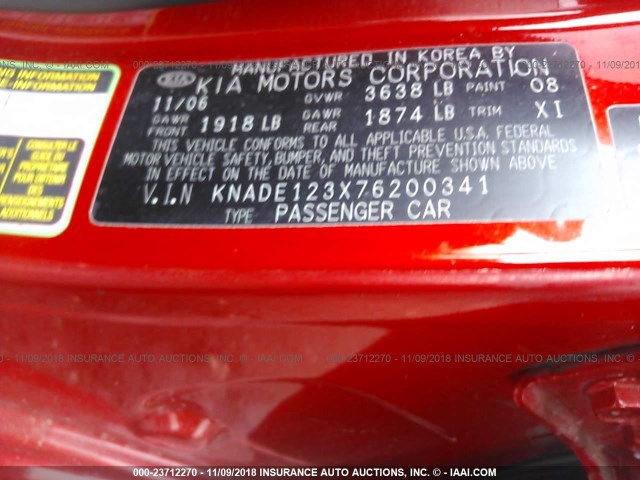 KNADE123X76200341 - 2007 KIA RIO LX/SX RED photo 9