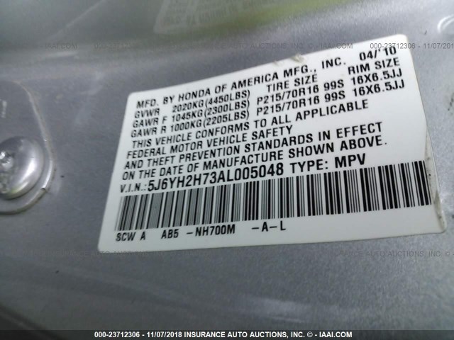 5J6YH2H73AL005048 - 2010 HONDA ELEMENT EX SILVER photo 9