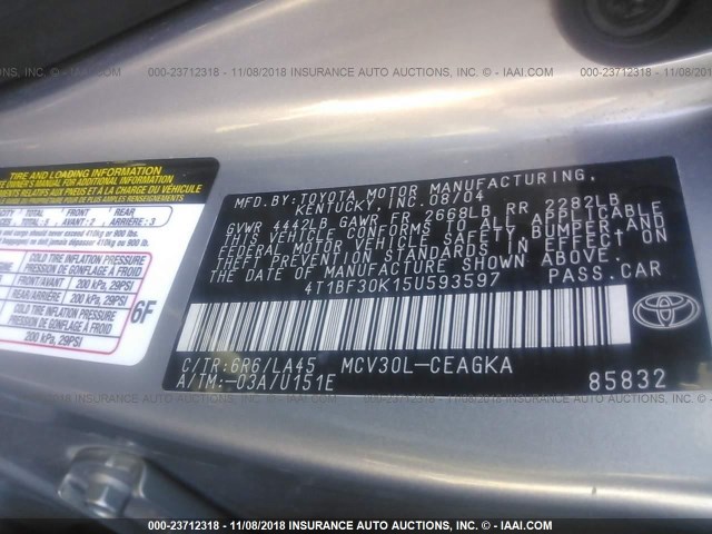 4T1BF30K15U593597 - 2005 TOYOTA CAMRY LE/XLE/SE Gri fotoğraf 9