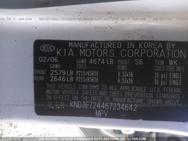 KNDJE724467234642 - 2006 KIA NEW SPORTAGE  SILVER photo 9