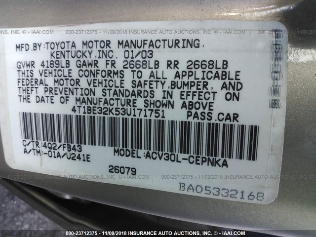 4T1BE32K53U171751 - 2003 TOYOTA CAMRY LE/XLE/SE GOLD photo 9