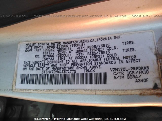 5TEHN72N41Z871779 - 2001 TOYOTA TACOMA DOUBLE CAB 银色 照片 9