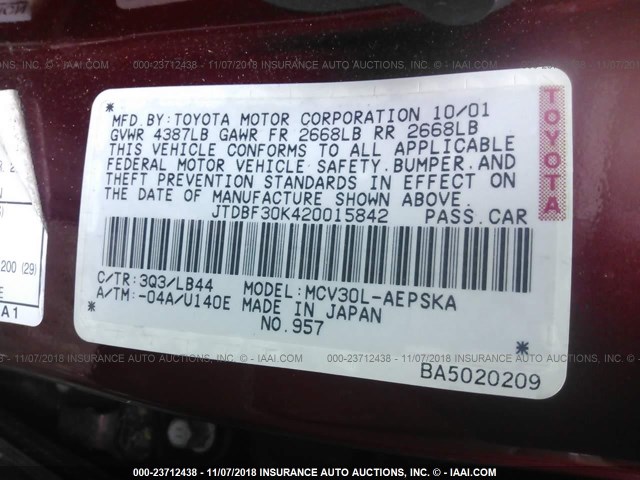 JTDBF30K420015842 - 2002 TOYOTA CAMRY LE/XLE/SE MAROON photo 9