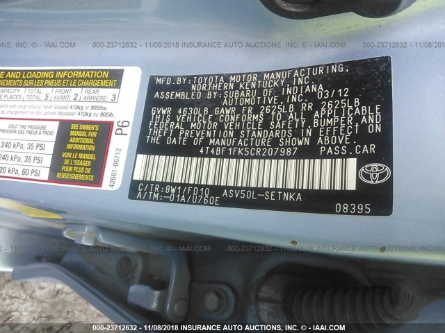 4T4BF1FK5CR207987 - 2012 TOYOTA CAMRY SE/LE/XLE 蓝色 照片 9