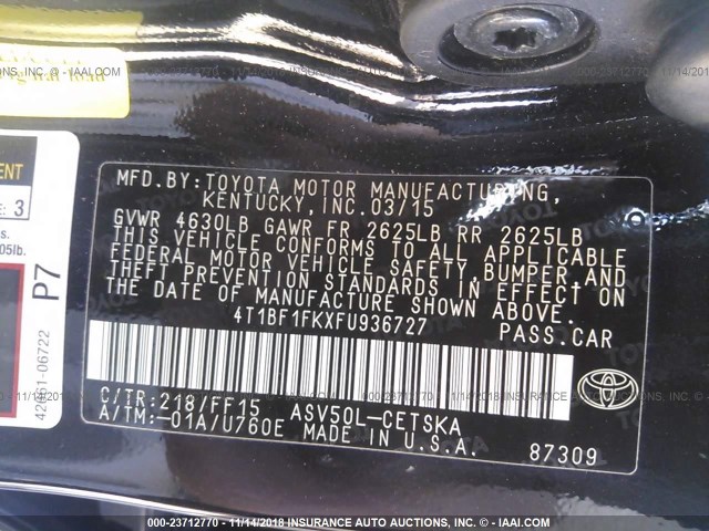 4T1BF1FKXFU936727 - 2015 TOYOTA CAMRY LE/XLE/SE/XSE BLACK photo 9